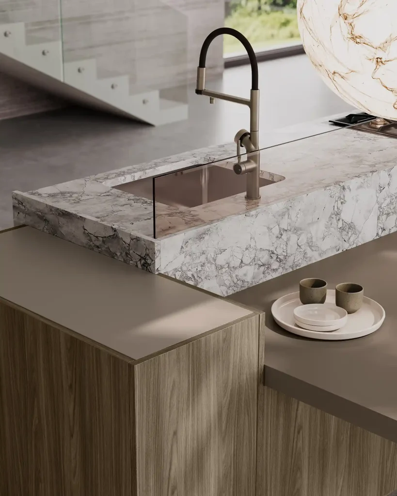 Cuisine aménagée contemporaine avec conception et pose intégrées à Ferrette proche de Oltingue